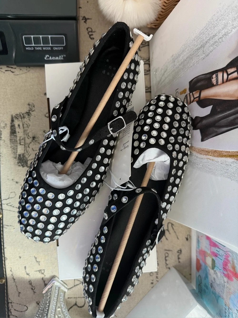 New Ballet Flats with rhinestone Studs and Ankle Strap